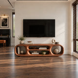 Contemporary media unit in natural solid wood with soft edges and open shelving style