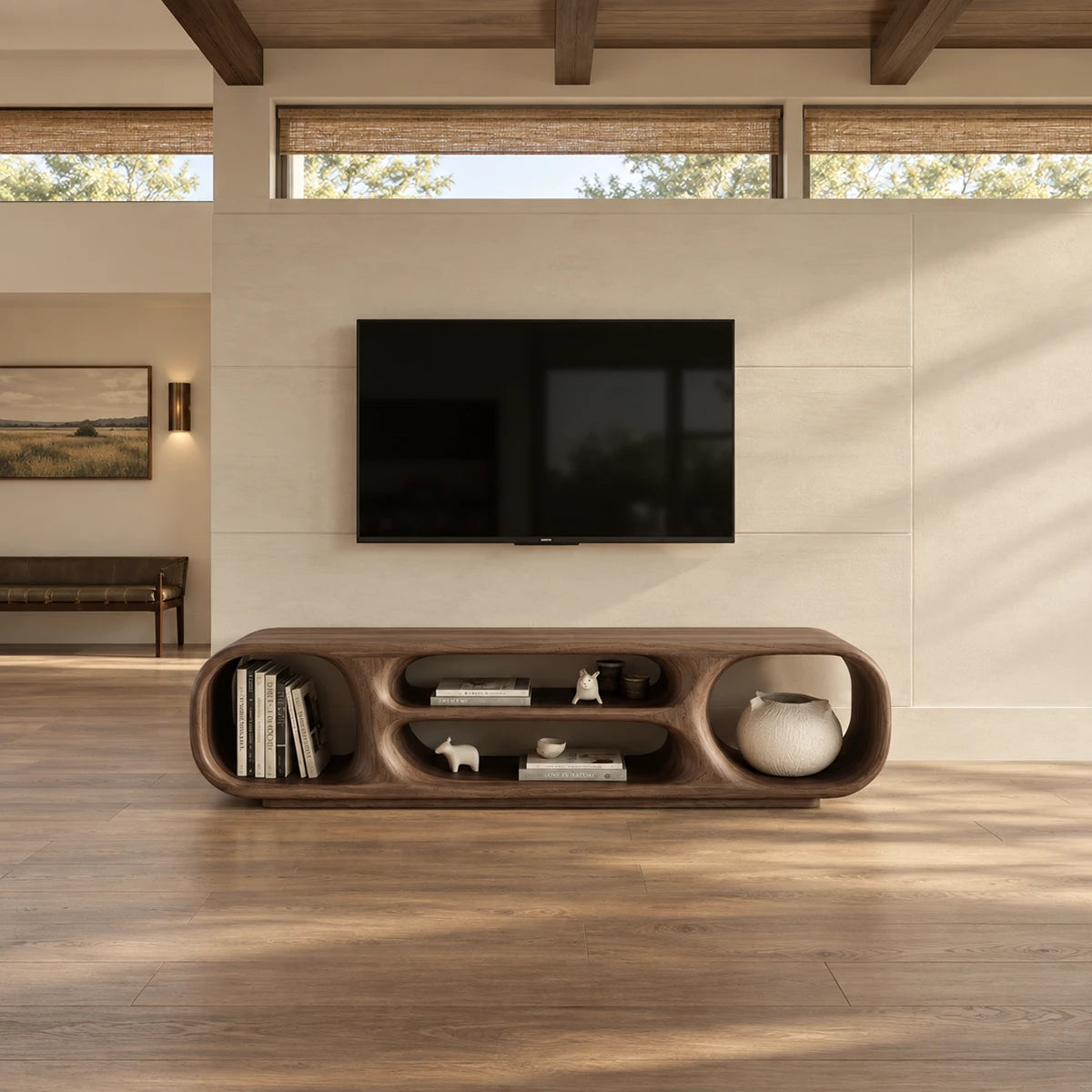 Minimalist television stand in natural solid wood with rounded cubby storage below