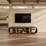 Minimalist television stand in natural solid wood with rounded cubby storage below