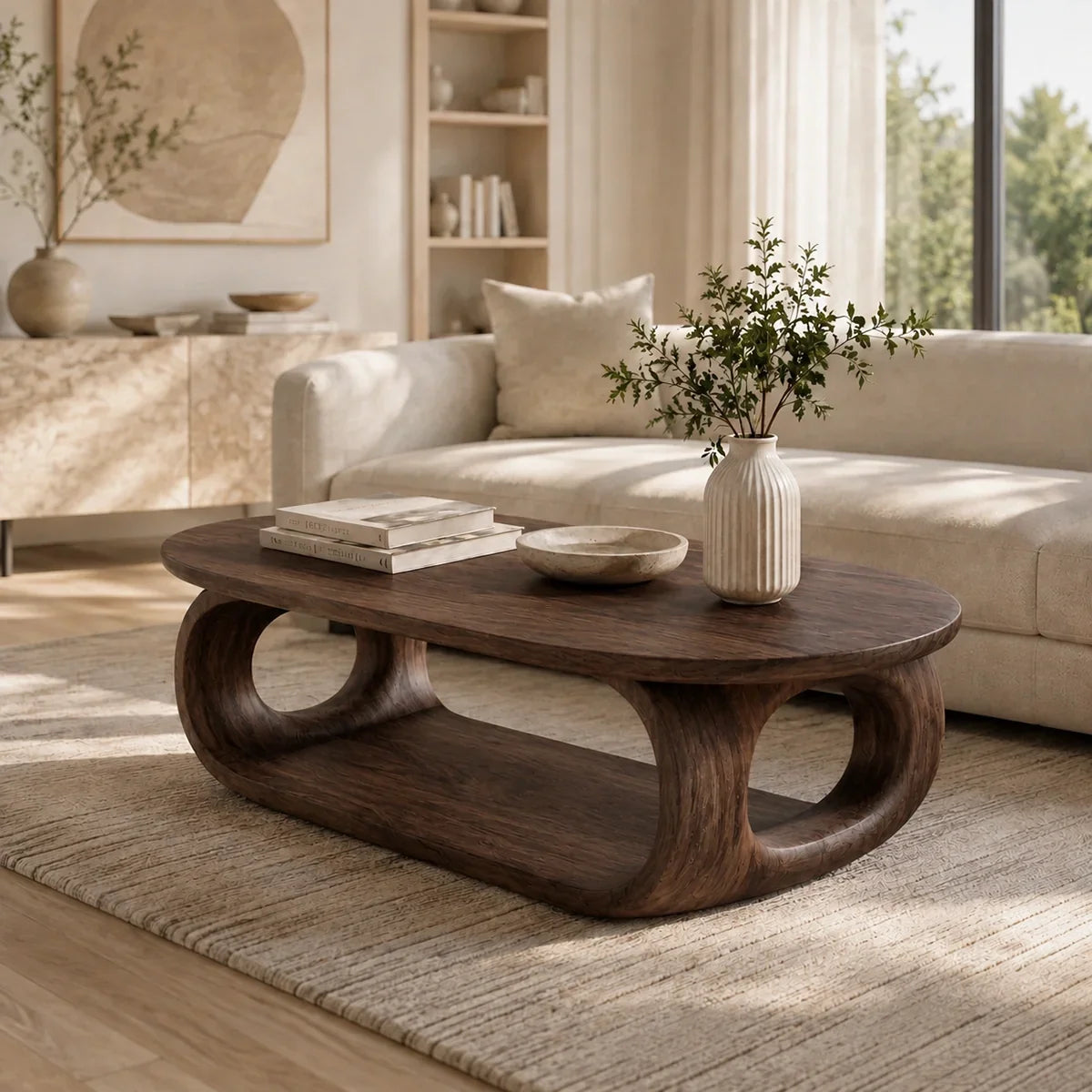 Rounded Coffee Table with Sculptural Loop Base in Natural Solid Wood - Arboriswood - 10