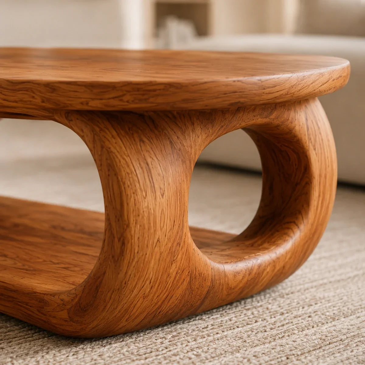 Rounded Coffee Table with Sculptural Loop Base in Natural Solid Wood - Arboriswood - 2