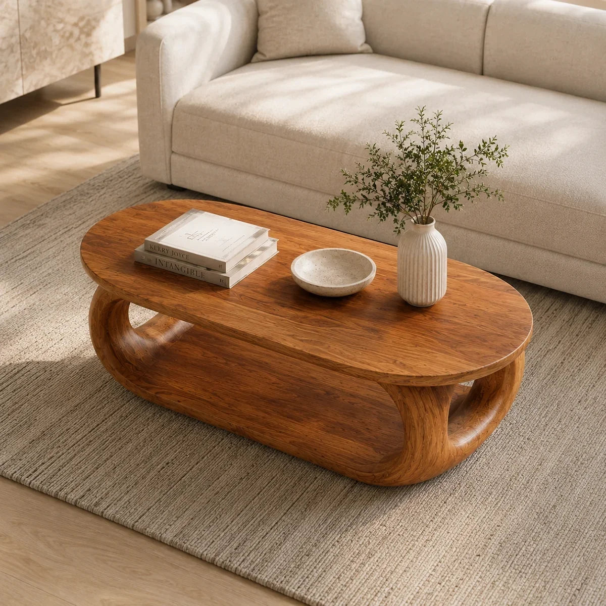 Rounded Coffee Table with Sculptural Loop Base in Natural Solid Wood - Arboriswood - 3