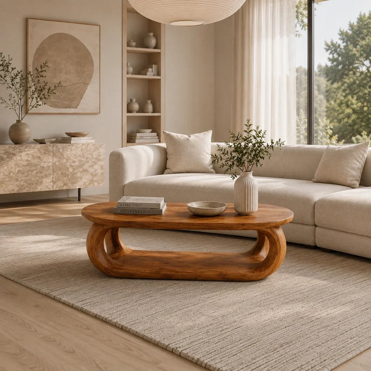Rounded Coffee Table with Sculptural Loop Base in Natural Solid Wood - Arboriswood - 4