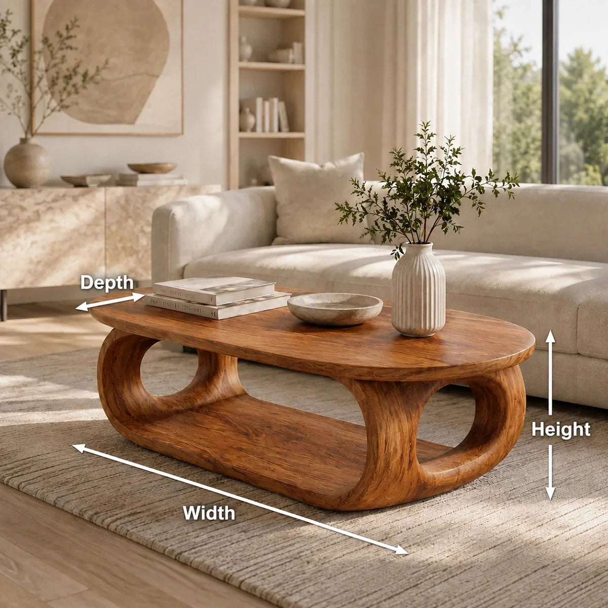 Rounded Coffee Table with Sculptural Loop Base in Natural Solid Wood - Arboriswood - 6