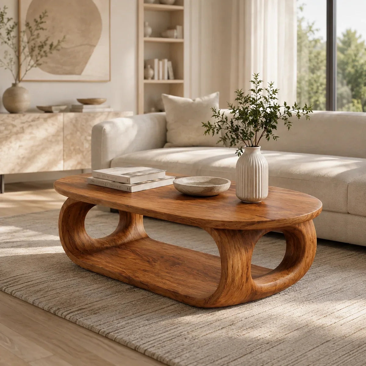 Rounded Coffee Table with Sculptural Loop Base in Natural Solid Wood - Arboriswood - 7