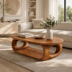 Rounded Coffee Table with Sculptural Loop Base in Natural Solid Wood - Arboriswood - 7