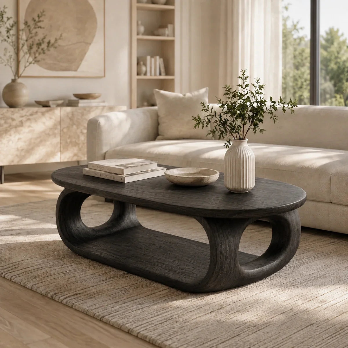 Rounded Coffee Table with Sculptural Loop Base in Natural Solid Wood - Arboriswood - 8