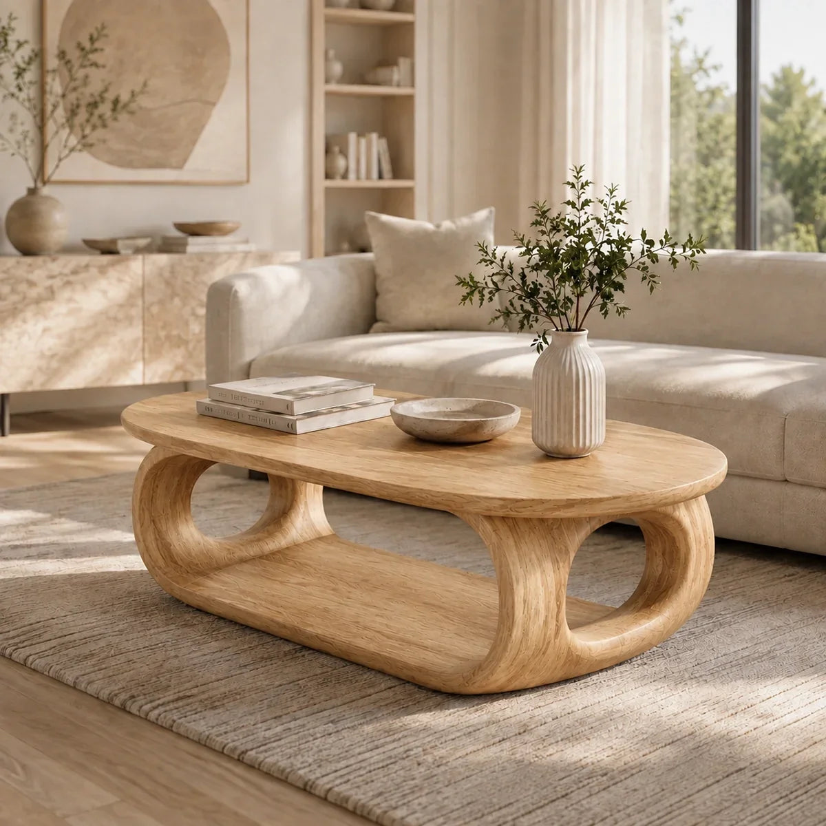 Rounded Coffee Table with Sculptural Loop Base in Natural Solid Wood - Arboriswood - 9