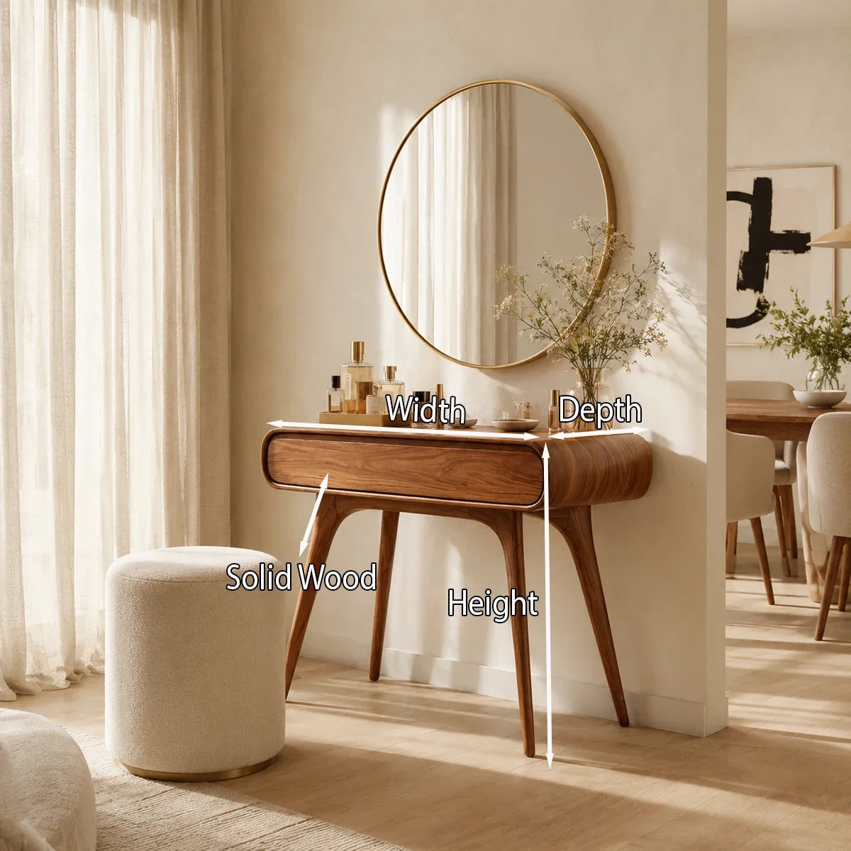 Luxury vanity table with sculpted edges and practical drawer storage in a bright home