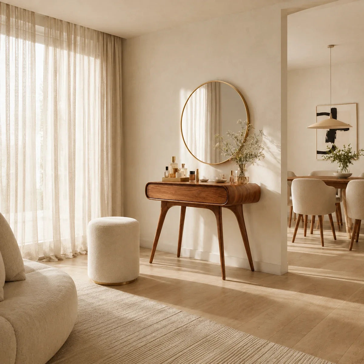 Modern dressing table with slim tapered legs and storage drawer beneath a round mirror