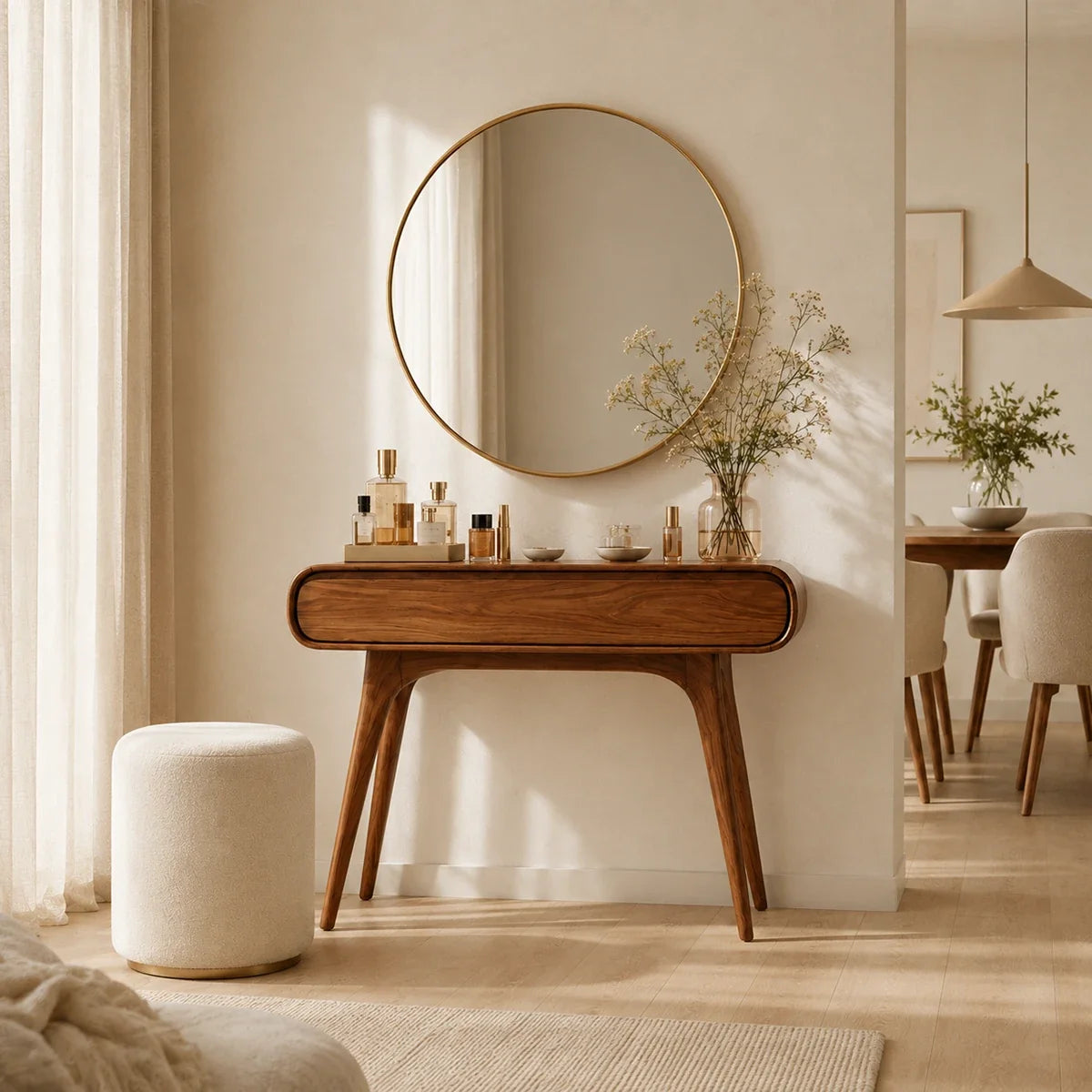 Vanity desk with curved edges and sleek drawer storage for a calm contemporary bedroom