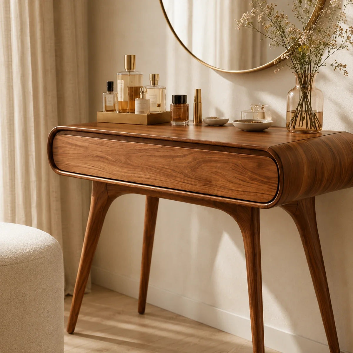 Beauty vanity table featuring a rounded profile and warm finish in a sunlit interior