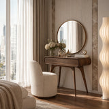 Designer vanity desk with soft curves and visible grain in a refined neutral interior
