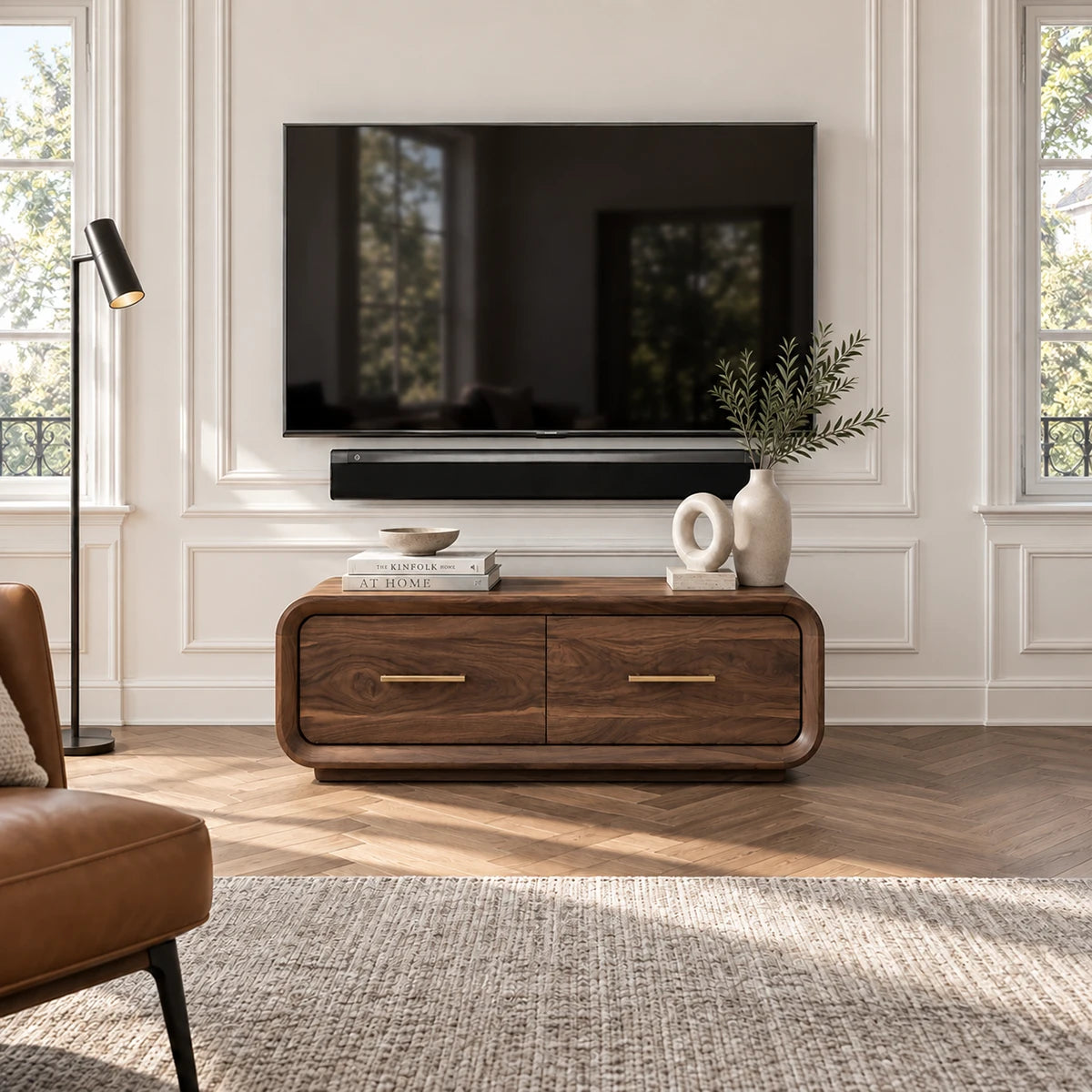 Wide TV console in solid wood with clean drawer fronts and a smooth low-profile frame
