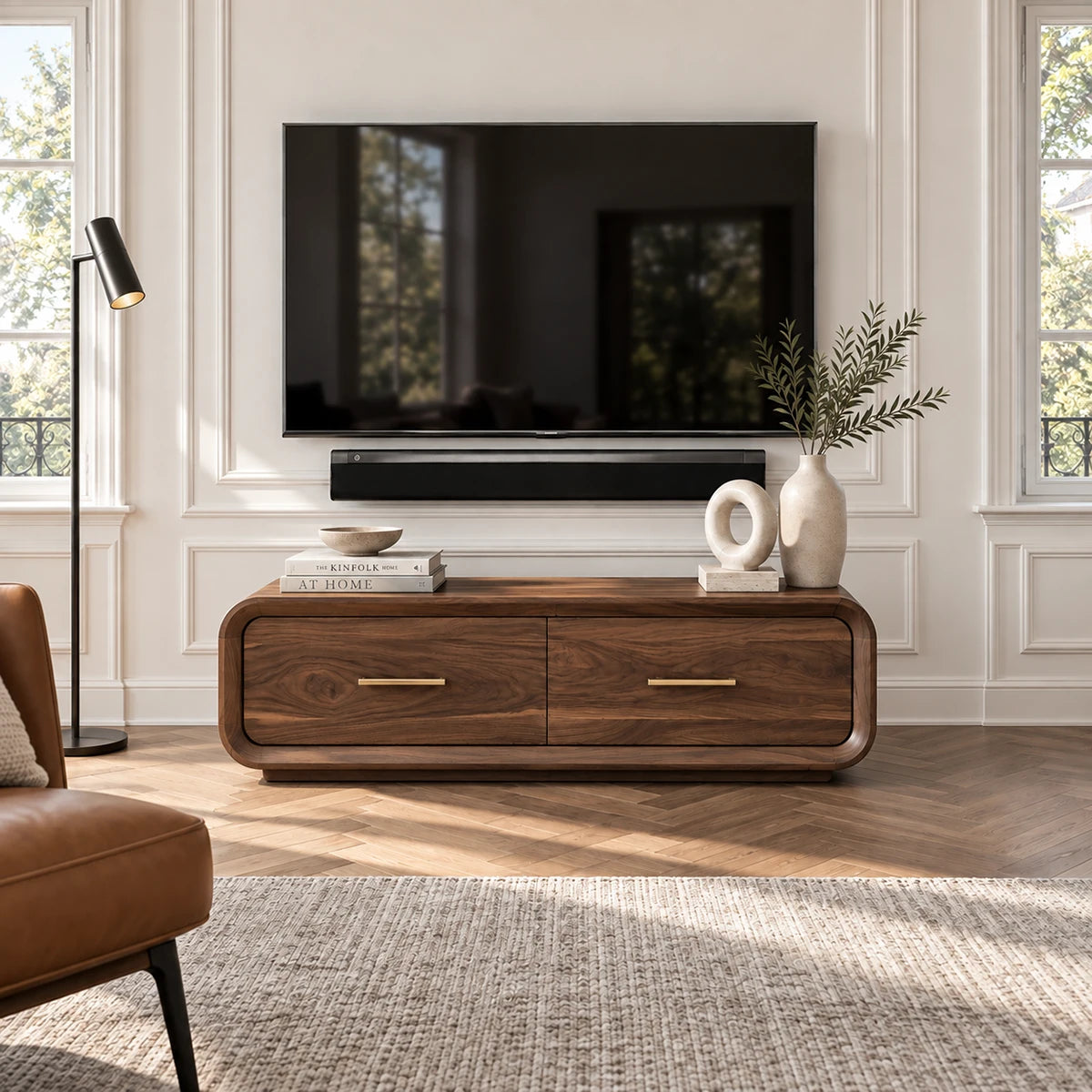 Functional entertainment cabinet in solid wood with dual drawers and rounded corners
