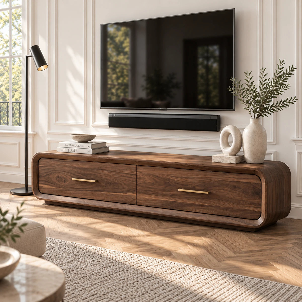 Low profile entertainment center in solid wood with two drawers and smooth rounded ends
