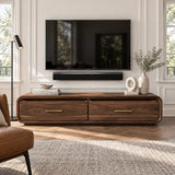 Minimalist media cabinet in solid wood with a long silhouette and two large drawers
