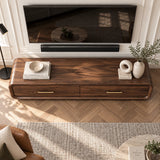 Designer TV stand in solid wood with rounded sides, brass pulls, and hidden storage

