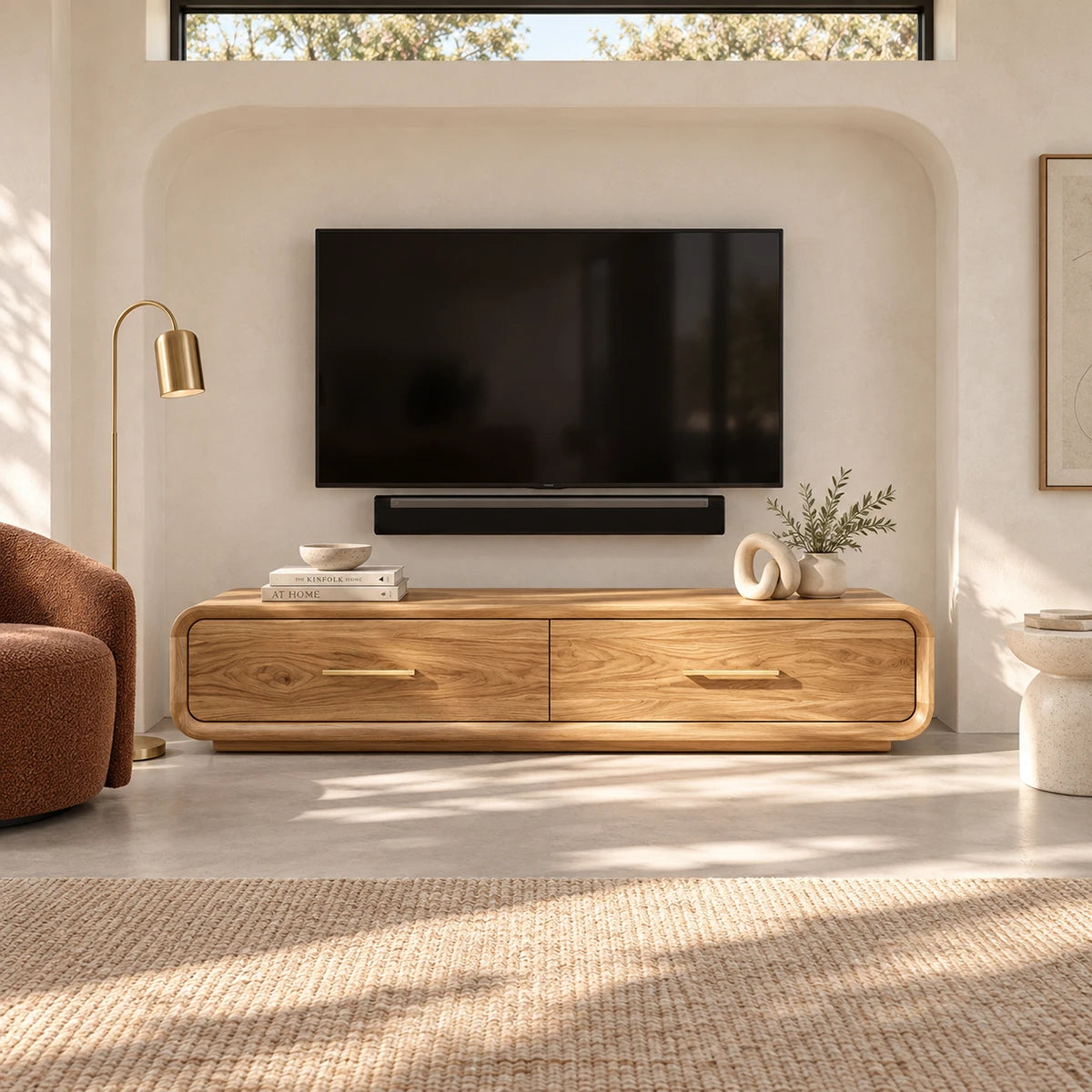 Architectural media console in solid wood with broad drawers and a sculpted outer frame
