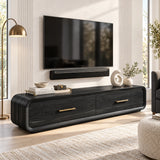 Living room TV cabinet in solid wood with two deep drawers and a sleek rounded profile
