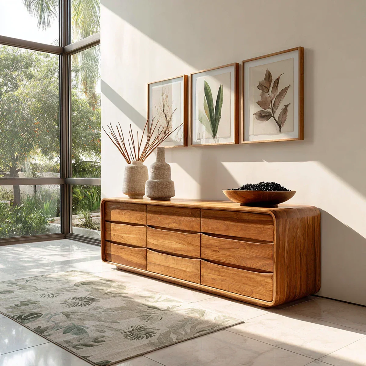 Rounded Edge Sideboard in Natural Solid Wood with Minimalist Drawer Storage - ArborisWood