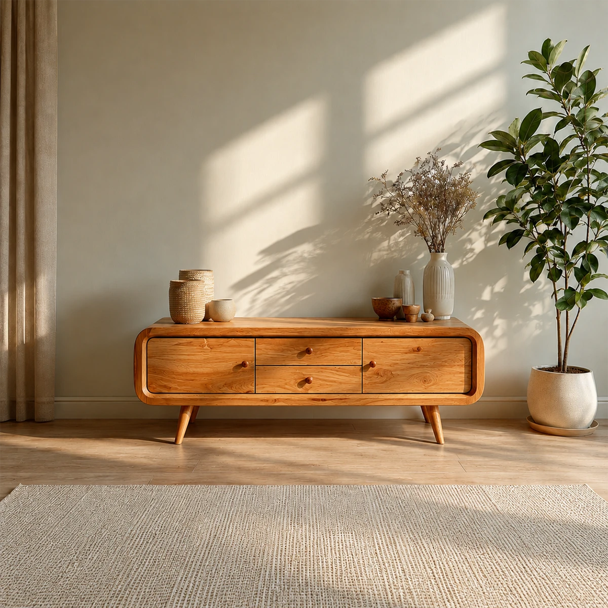 Rounded Edge TV Stand in Natural Solid Wood with Multi Drawer Storage - ArborisWood - 14