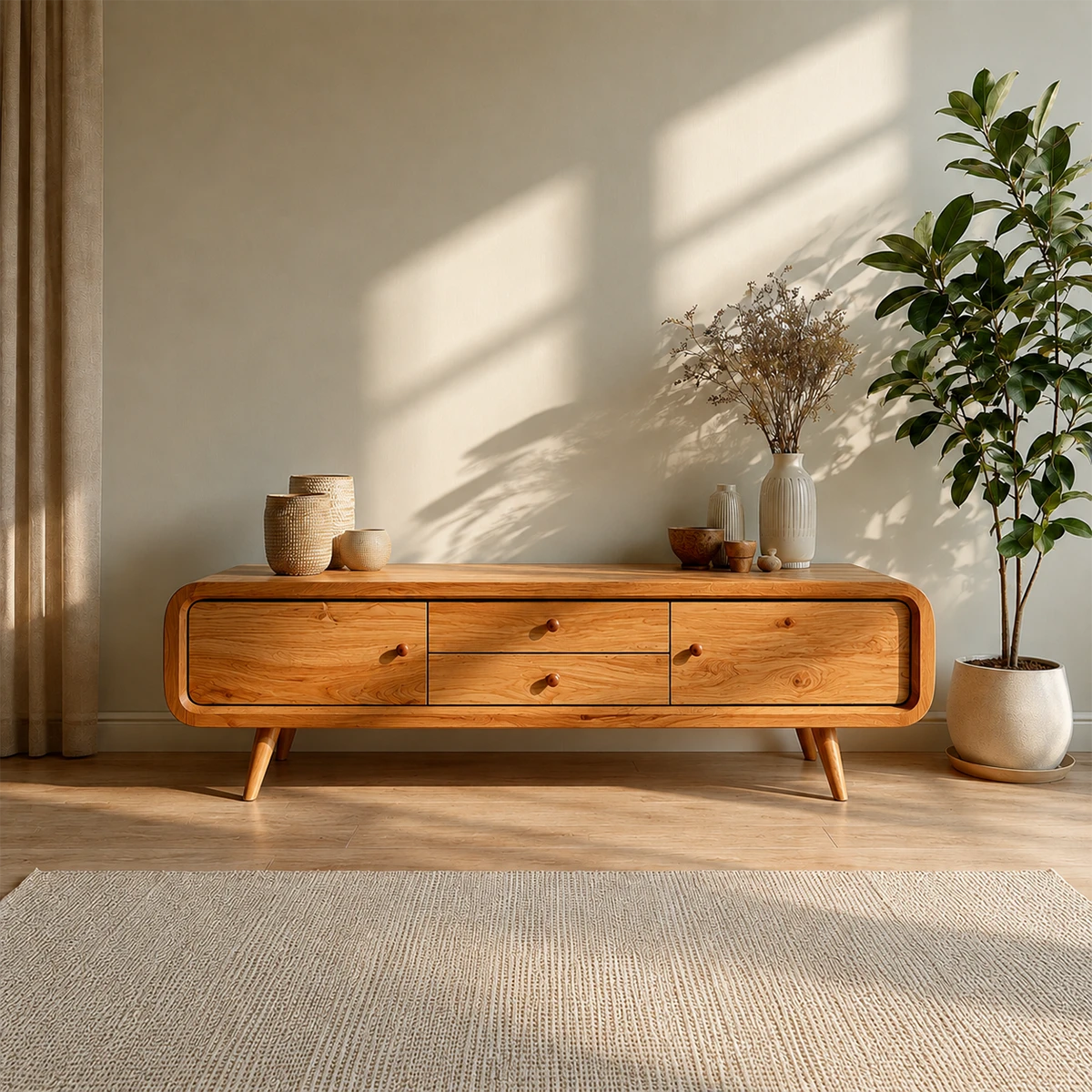 Rounded Edge TV Stand in Natural Solid Wood with Multi Drawer Storage - ArborisWood - 15