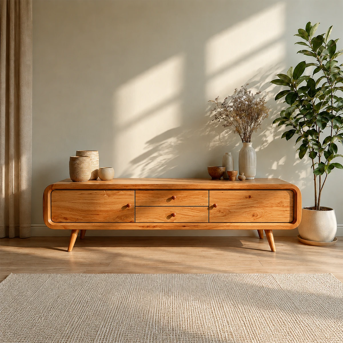 Rounded Edge TV Stand in Natural Solid Wood with Multi Drawer Storage - ArborisWood - 16