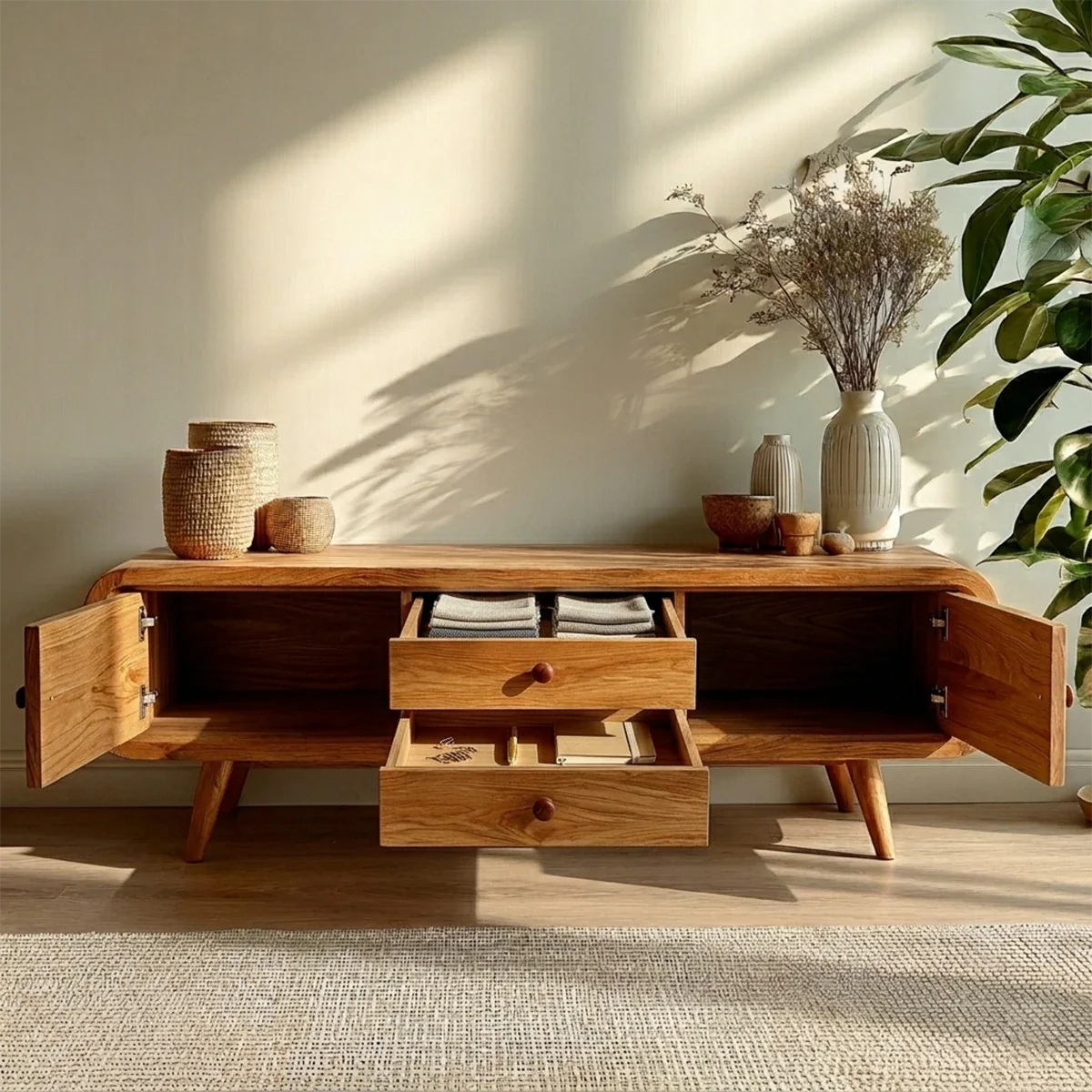 Rounded Edge TV Stand in Natural Solid Wood with Multi Drawer Storage - ArborisWood - 4