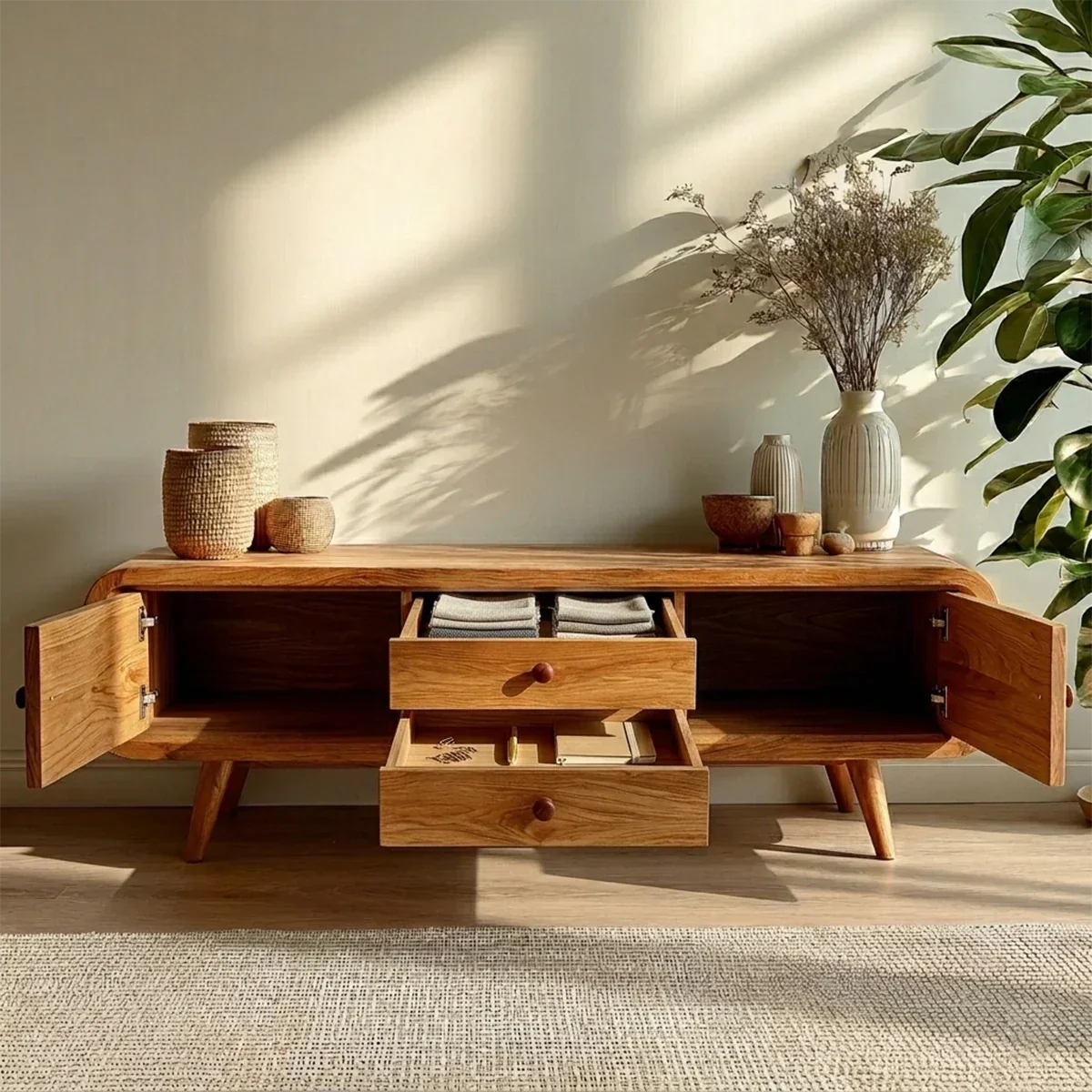 Rounded Edge TV Stand in Natural Solid Wood with Multi Drawer Storage - Arboriswood - 4