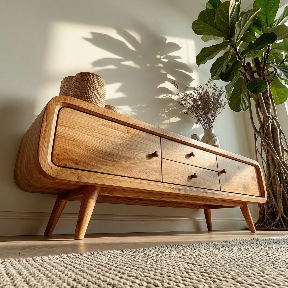 Rounded Edge TV Stand in Natural Solid Wood with Multi Drawer Storage - ArborisWood - 6