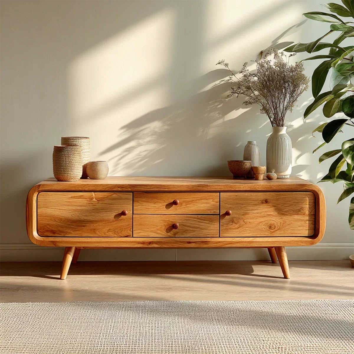 Rounded Edge TV Stand in Natural Solid Wood with Multi Drawer Storage - Arboriswood