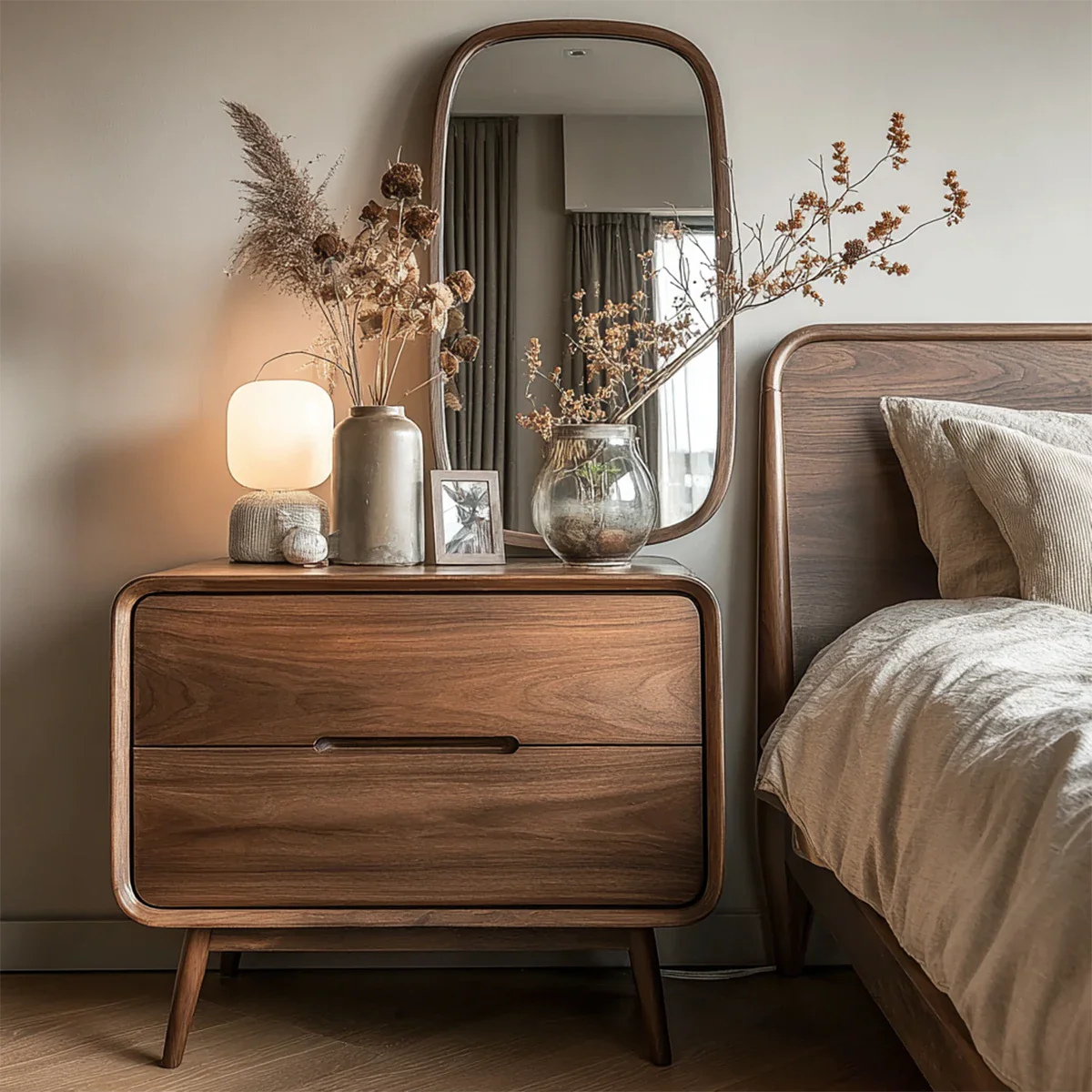 Rounded edge nightstand featuring smooth curved corners and elegant walnut tone finish bedside design