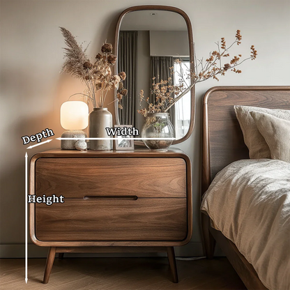 Timeless bedroom nightstand featuring smooth curved outline and elegant walnut tone finish