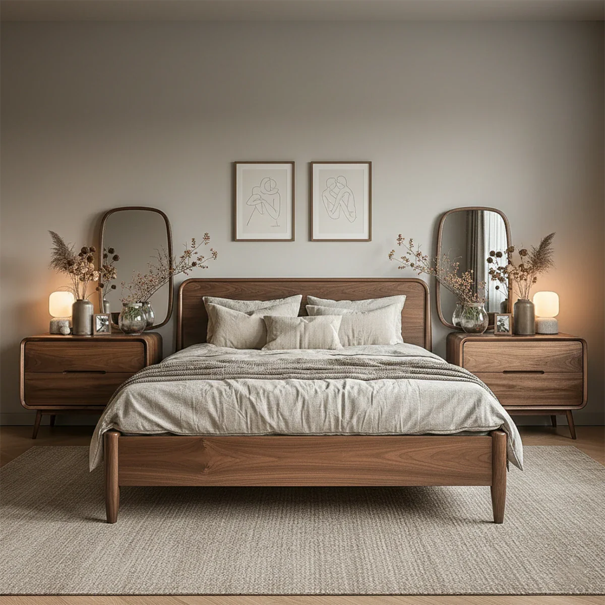 Elegant bedroom nightstand designed with curved silhouette and warm walnut tone finish