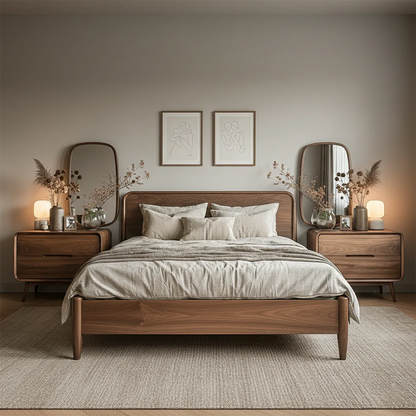 Elegant bedroom nightstand designed with curved silhouette and warm walnut tone finish