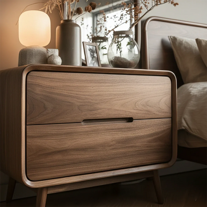 Contemporary bedside cabinet displaying rounded edge structure and polished walnut tone finish