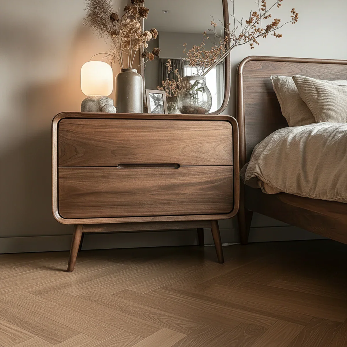 Minimalist bedside storage unit featuring soft corner detailing and smooth walnut tone finish