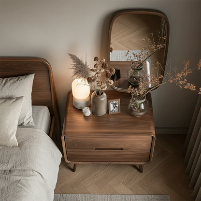 Stylish bedroom side table designed with curved modern profile and walnut tone finish