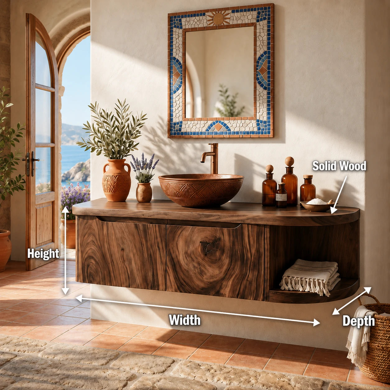 Rounded End Bathroom Vanity Cabinet in Natural Solid Wood With Two Doors - ArborisWood - 11
