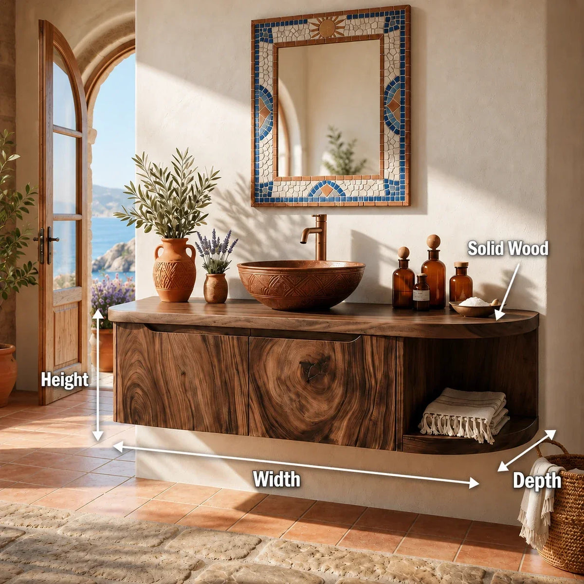 Rounded End Bathroom Vanity Cabinet in Natural Solid Wood With Two Doors - Arboriswood - 11