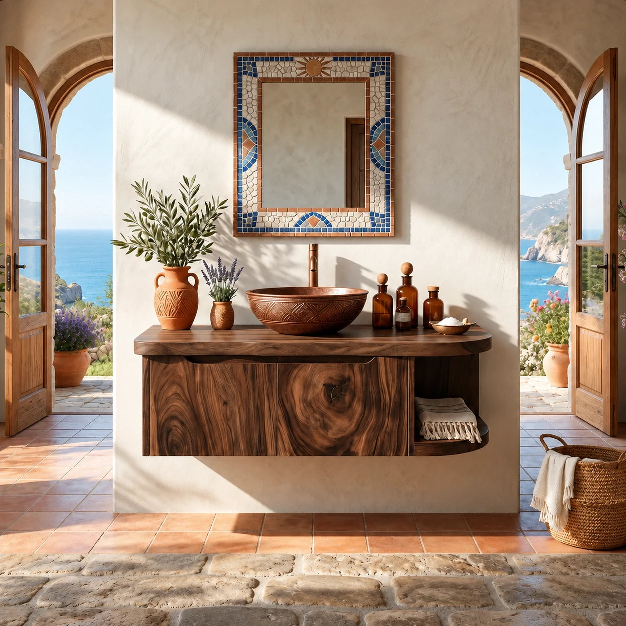 Rounded End Bathroom Vanity Cabinet in Natural Solid Wood With Two Doors - ArborisWood - 12