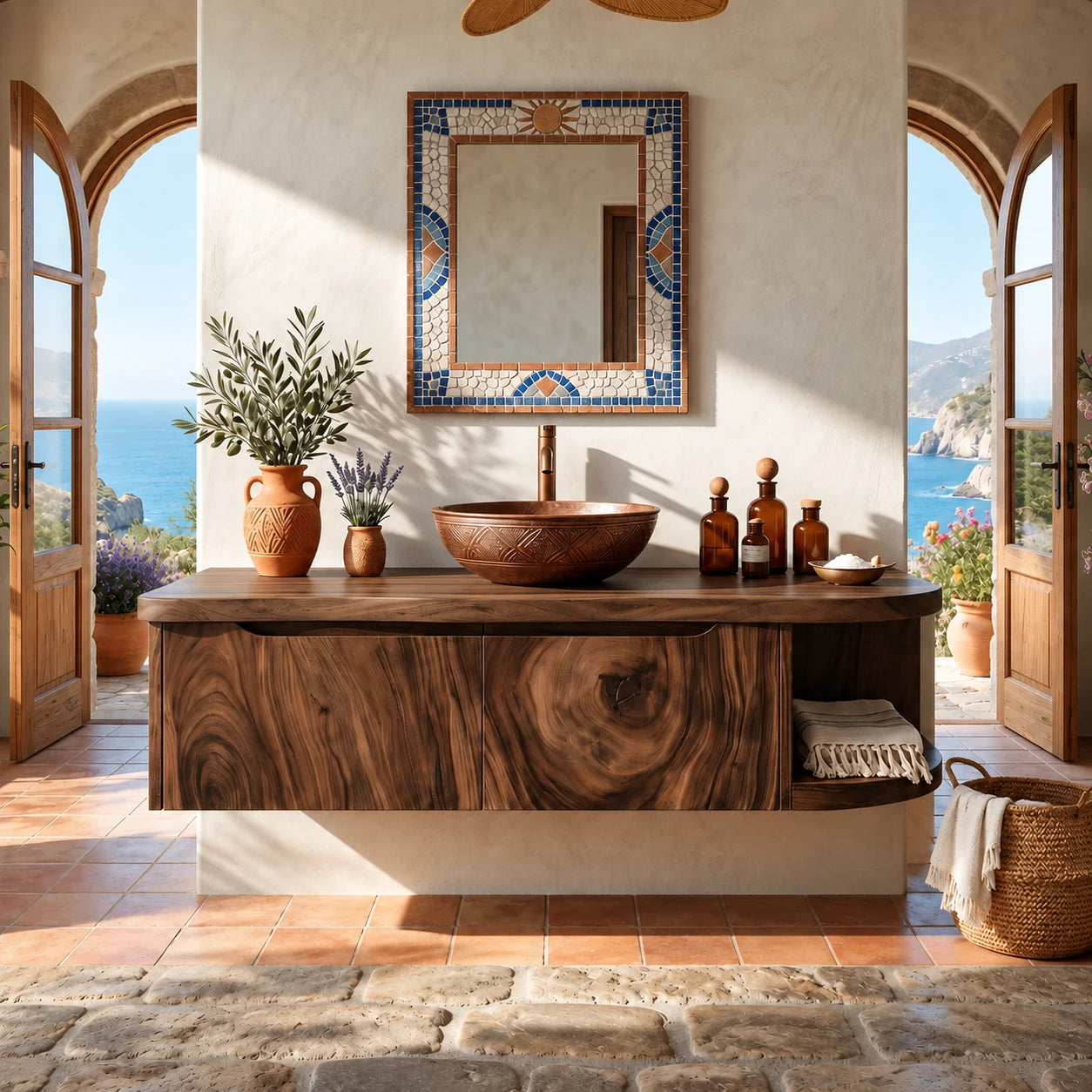 Rounded End Bathroom Vanity Cabinet in Natural Solid Wood With Two Doors - ArborisWood - 13
