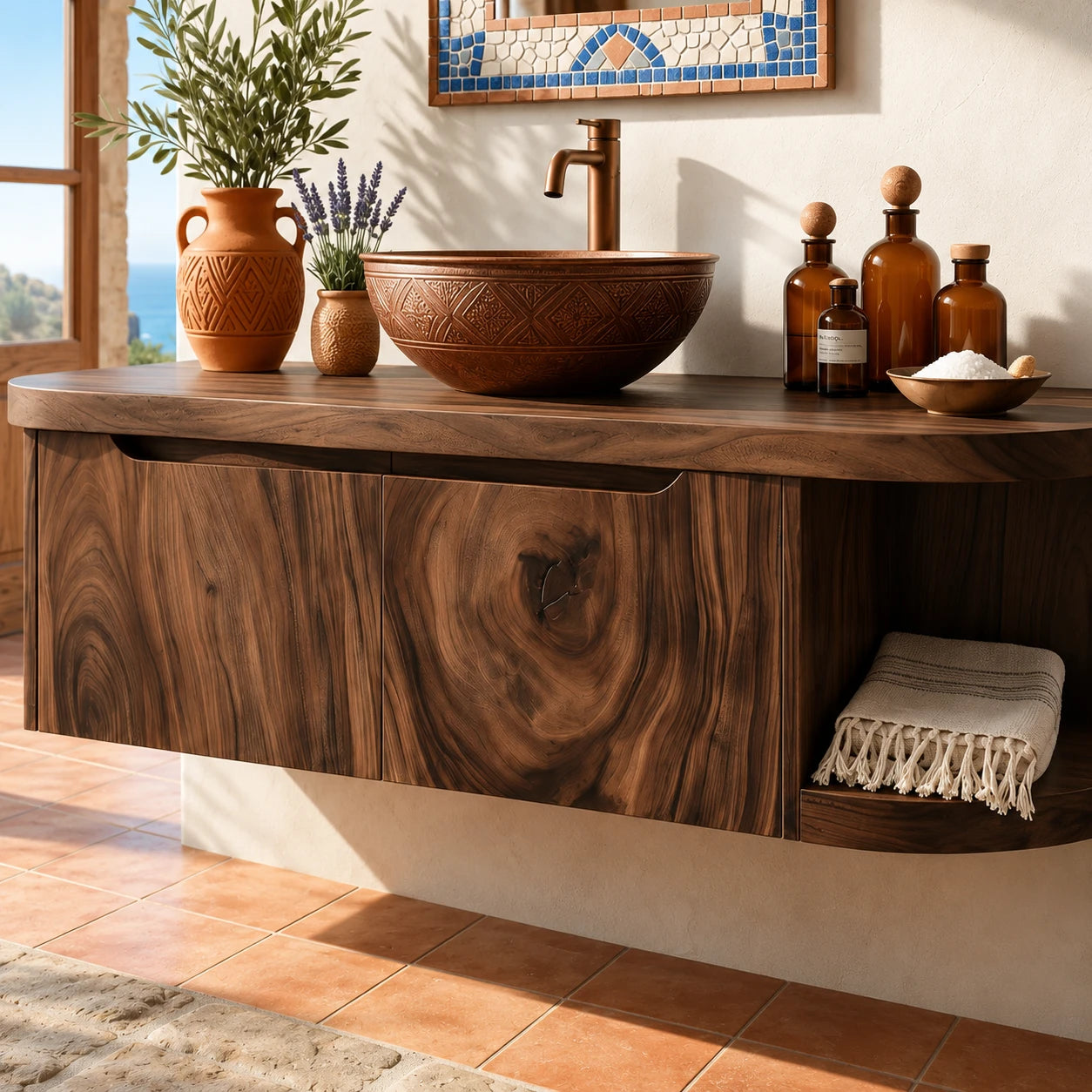 Rounded End Bathroom Vanity Cabinet in Natural Solid Wood With Two Doors - ArborisWood - 4