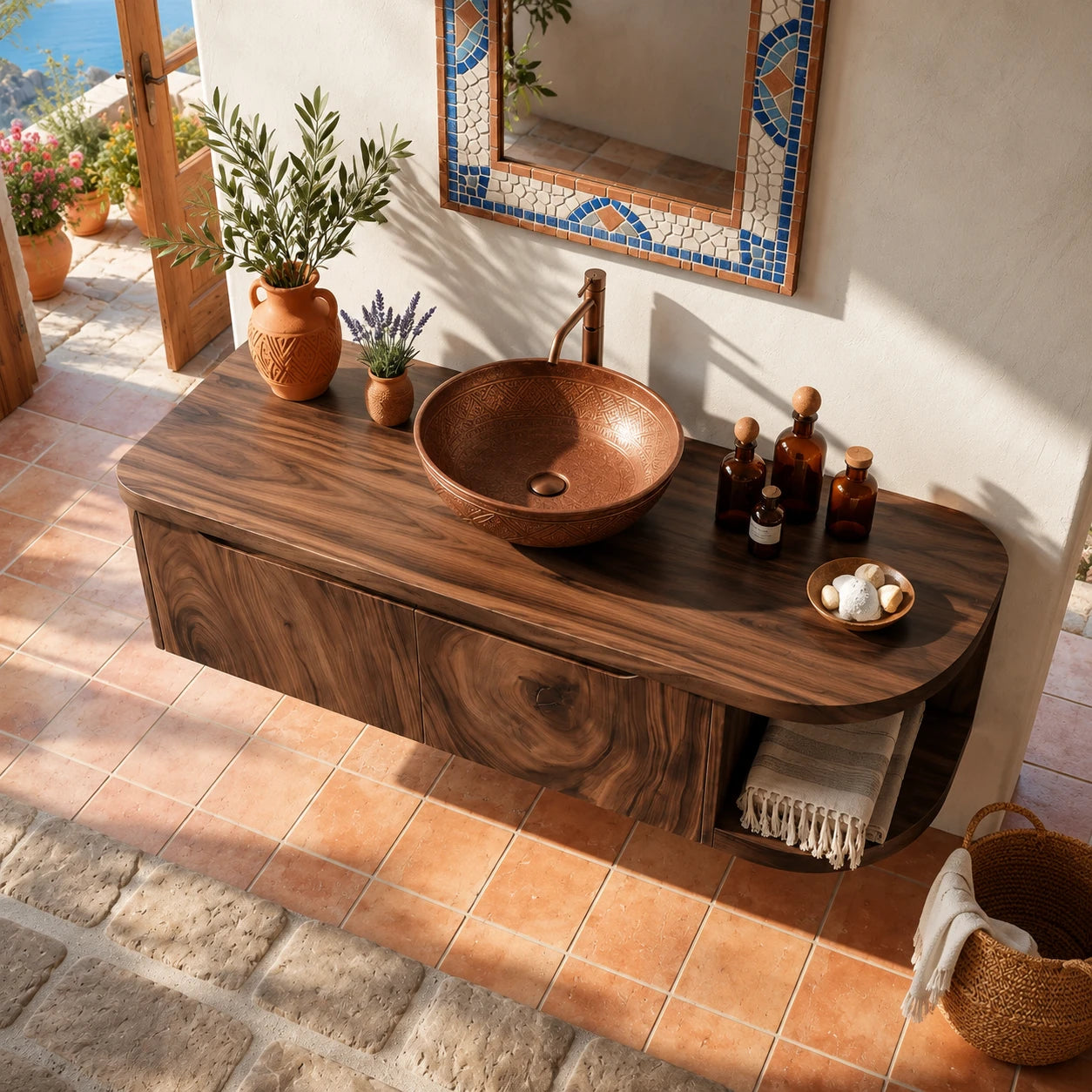Rounded End Bathroom Vanity Cabinet in Natural Solid Wood With Two Doors - ArborisWood - 5