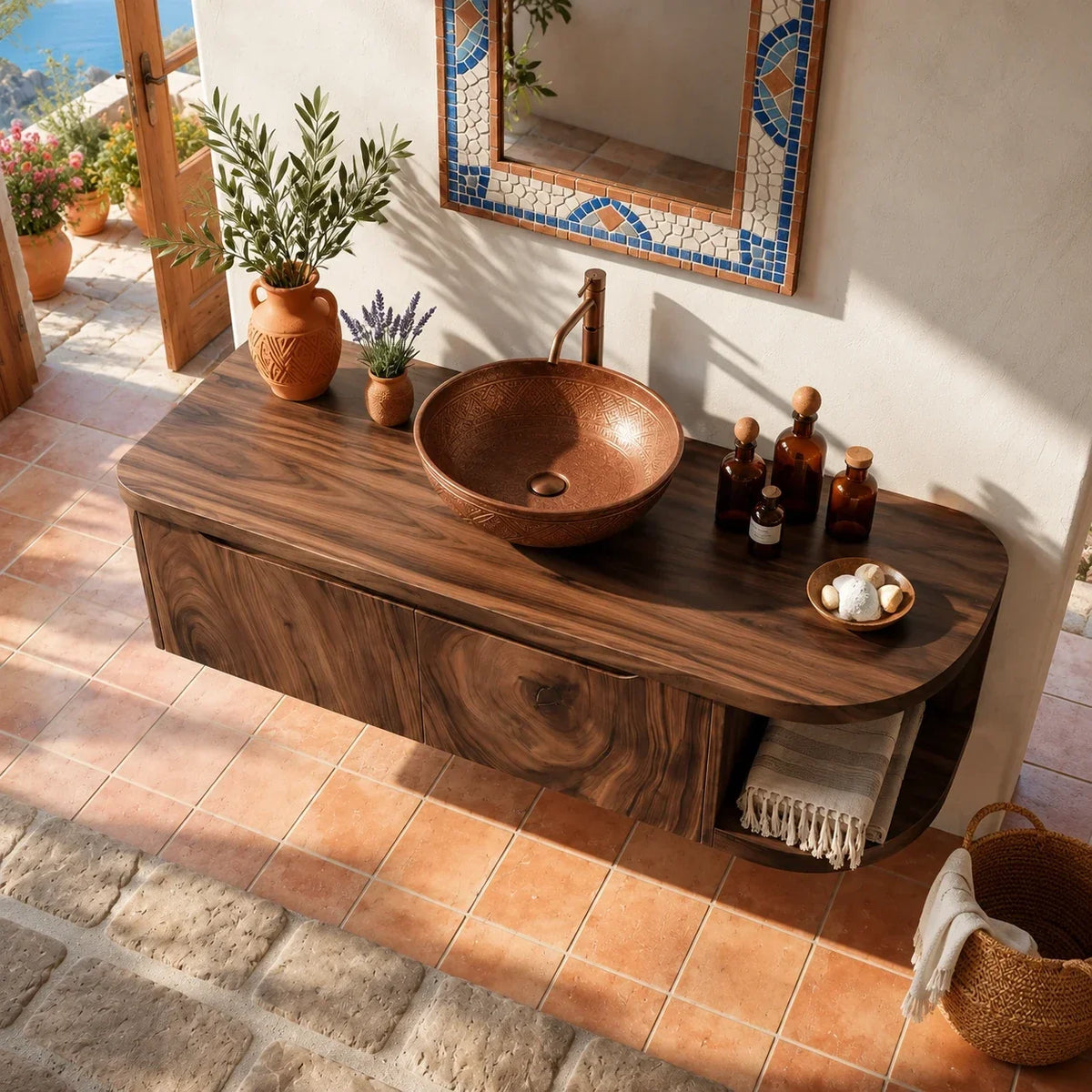 Rounded End Bathroom Vanity Cabinet in Natural Solid Wood With Two Doors - Arboriswood - 5