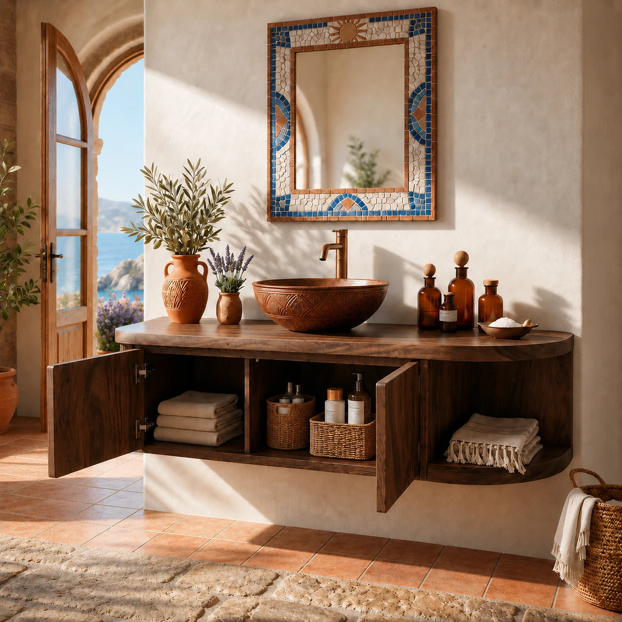 Rounded End Bathroom Vanity Cabinet in Natural Solid Wood With Two Doors - ArborisWood - 6