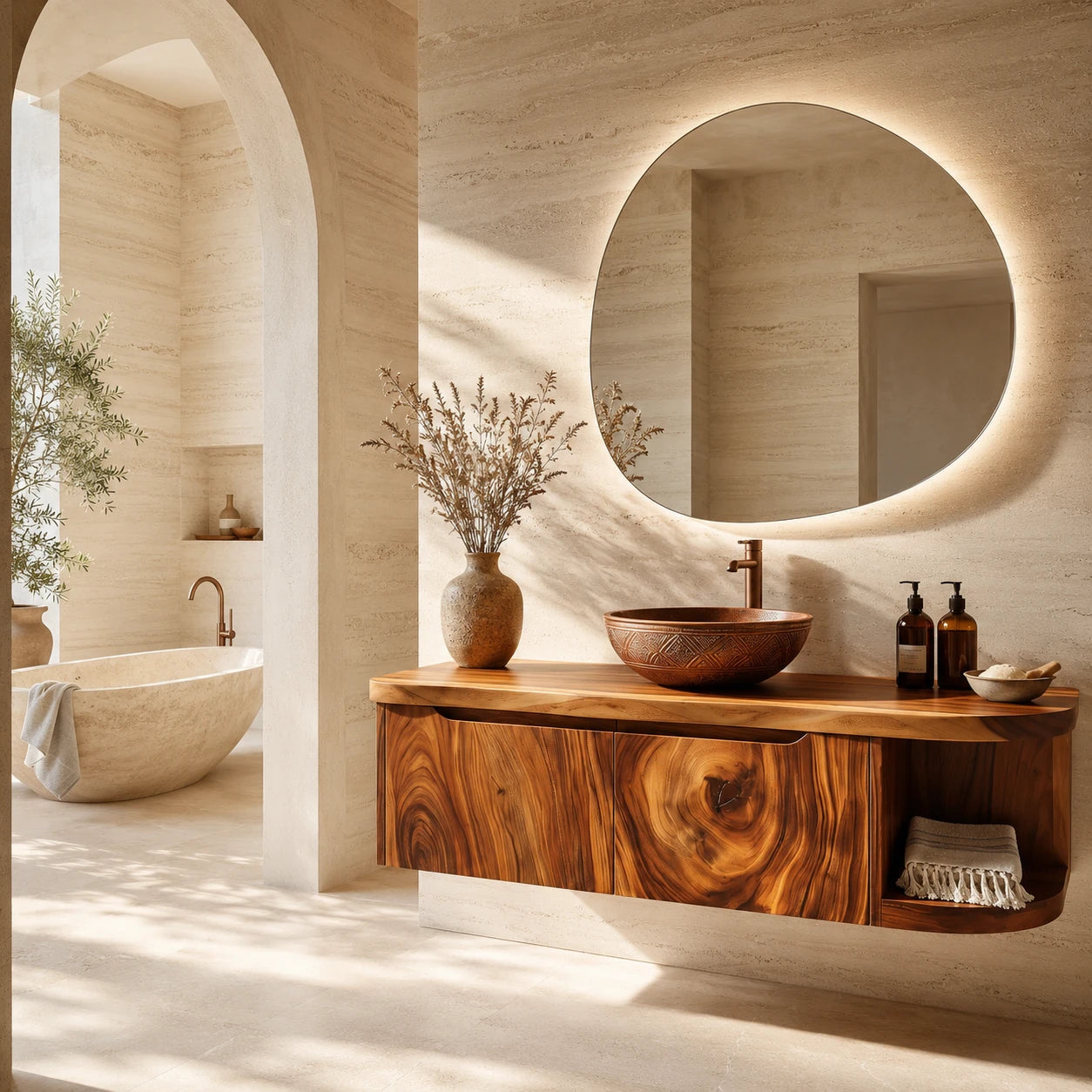 Rounded End Bathroom Vanity Cabinet in Natural Solid Wood With Two Doors - ArborisWood - 7