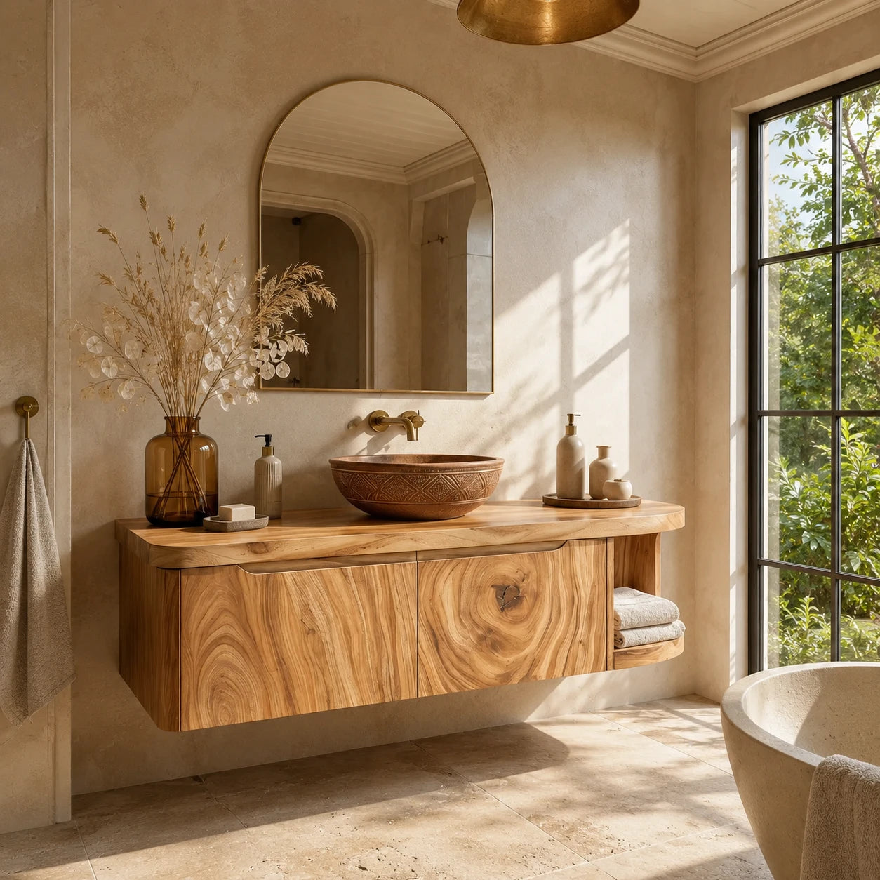 Rounded End Bathroom Vanity Cabinet in Natural Solid Wood With Two Doors - ArborisWood - 8