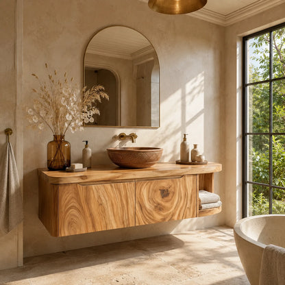 Rounded End Bathroom Vanity Cabinet in Natural Solid Wood With Two Doors - ArborisWood - 8